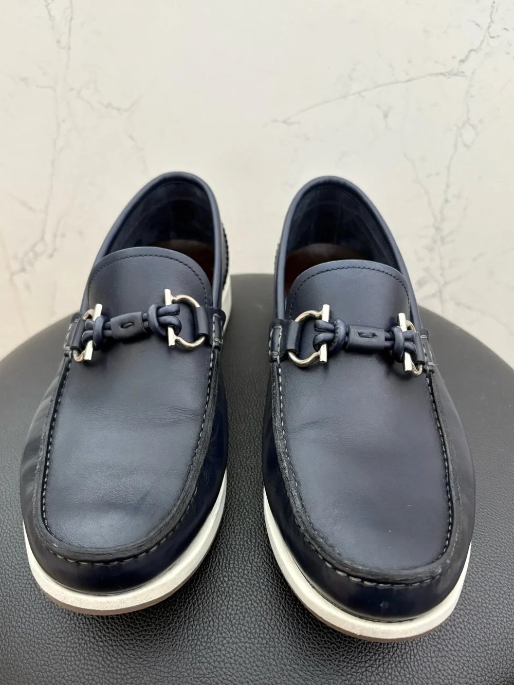 Salvatore Ferragamo Gancini Bit Leather Boat Casual Loafers Navy Sz 7 Made Italy
